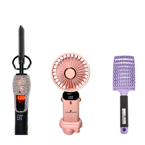 Collection of essential wig install products including lace melt spray, hair mousse, silkening mist, hot combs, wig storage bags, melt bands, and more for a flawless look.