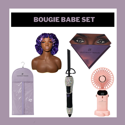 All-in-one beauty kit with wig bag, satin bonnet, hot comb, mink lashes, and handheld fan