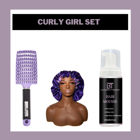 Curly Girl Set including Perfect Curls Brush, Bougie Babe Bonnet, and hair mousse for curly hair care