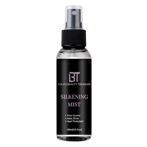 Bottle of Silkening Mist heat protectant for natural hair and hair extensions. Use for &nbsp;Heat Protectant, Tames Frizz &amp; Adds Healthy Shine... From Lola's Beauty Treasure. 