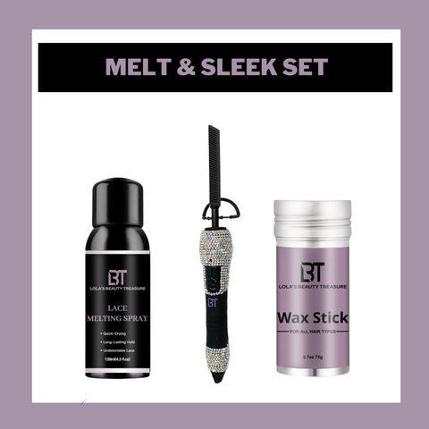 Melt and Sleek Set including lace melting spray, Bougie hot comb, and wax stick.
