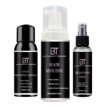 This set includes Lace Melting Spray, Hair Mousse, and Silkening Mist to provide a seamless lace blend, enhanced curl definition, frizz control, vibrant shine, and heat protection. Ideal for both natural hair and extensions