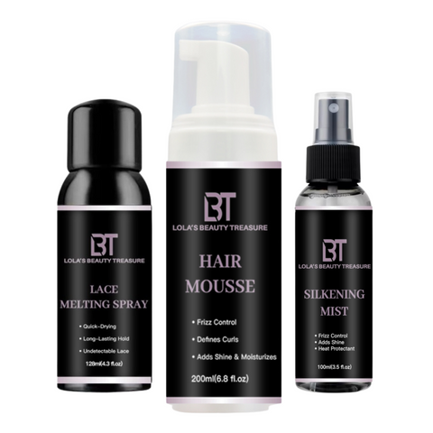 This set includes Lace Melting Spray, Hair Mousse, and Silkening Mist to provide a seamless lace blend, enhanced curl definition, frizz control, vibrant shine, and heat protection. Ideal for both natural hair and extensions