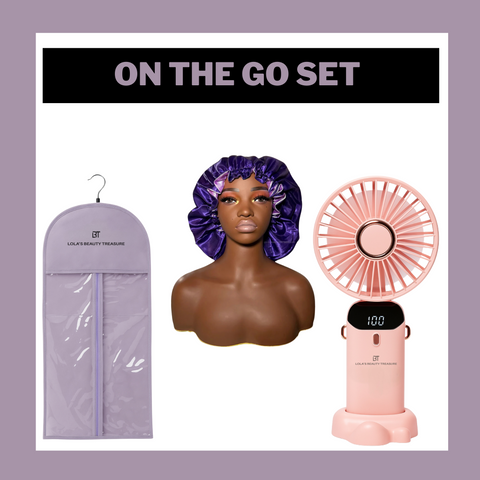 Travel beauty essentials set including wig storage bag, Bougie Babe bonnet, and That Girl fan for beauty on the go.